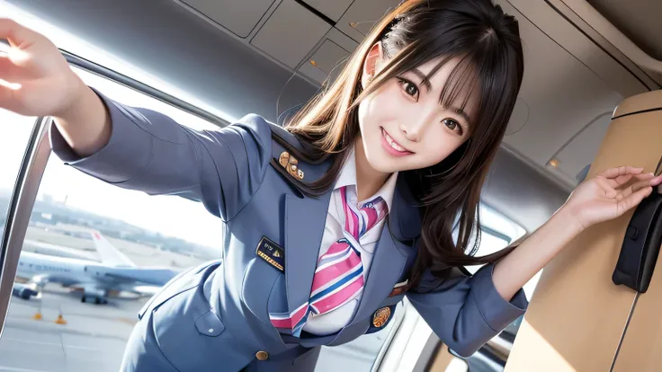 realistic,, one korean girl (tight flight attendant uniform) (full bang)), smiling, beautiful hair, The ends of the hair are wavy ,((layers hair)), ((in air port)), ((japanese hair)),, ((highlighting cheerful expression)), plane in background,, suitcase, v...