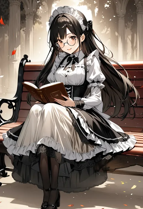 A maid sits on a park bench with red fallen leaves dancing in the air,
an extremely beautiful girl, elegant smile, 
round glasses, 
beautiful hair, very long hair, black hair, half updo, maid headdress, 
She is reading a book with a brown cover, 
beautiful...