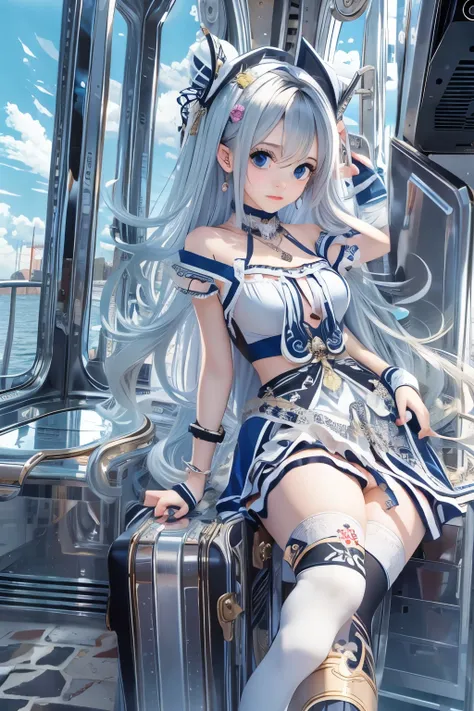 ((highest quality)), ((masterpiece)), ((1 girl)), alone, ferry, ((long hair)), ferryBase, ((Thighhighs)), bare shoulders, ((jewelry)), ((No sleeve)), white dress, blue skirt, ((gloves)), thigh height,