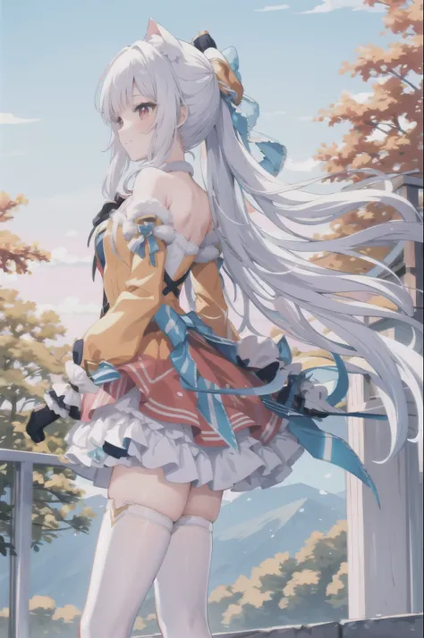 , masterpiece, best quality,shiny,chromatic aberration abuse,pastel color,cowboy shot, 
xxc, 1girl, solo,red eyes,cat ears,animal ears,(white hair,),ponytail, ,smile,standing,
strapless dress,bow, yellow dress,white thighhighs, high heels, blue ribbon,glov...