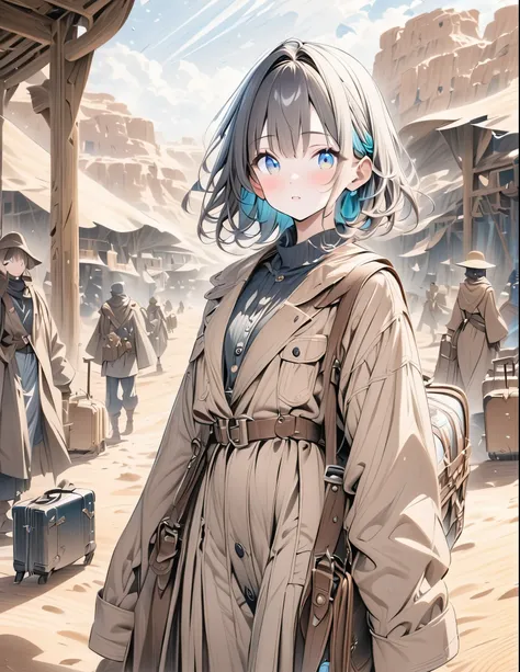 ((style:colored pencil,Pale colors)),(anime)、(masterpiece:1.2),Fantasy World、Traveling Merchant Girl、cute、luggage、traveller、Girl traveling in the desert、The sunlight is dazzling、Brown robe,Gray muffler