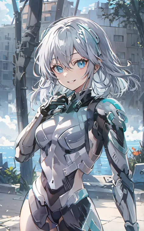 light smile, deva battle suit, outdoors, silver hair, bobhair, blue eyes, waistshot