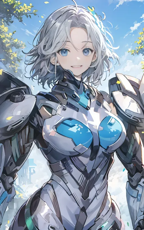 light smile, deva battle suit, outdoors, silver hair, bobhair, blue eyes, waistshot