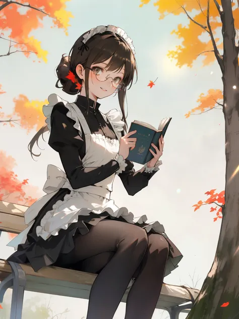 A maid sits on a park bench with red fallen leaves dancing in the air,
an extremely beautiful girl, elegant smile, 
round glasses, 
beautiful hair, very long hair, black hair, half updo, maid headdress, 
She is reading a book with a brown cover, 
beautiful...