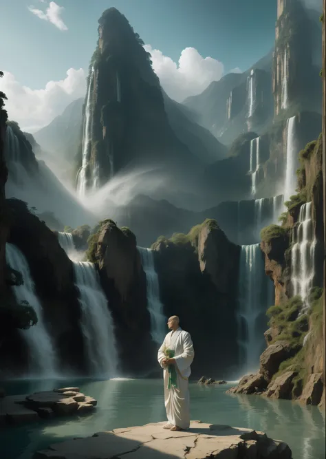 Very detailedフィルム水と海のパレット, A bald-headed monk in white Chinese clothing standing by the water, Giant green snake, Giant white lotus flower, Very high waterfall, Exquisite facial details, Spotlight, Perfect composition, Surreal, Super detailed, 8k, High ima...