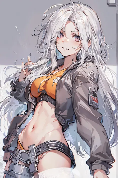 1girl, {solo}, upper body ,{{ {looking at viewer}}},  arm at side, concept art, white background, simple background, white hair, silver gradiient hair , complex  cloth, asymmetrical clothes, virtual youtuber, best quality, masterpiece, dynamic angle, guilt...