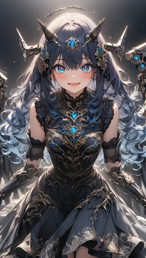 masterpiece, best quality, extremely detailed, high resolution, Japanese anime,1girl, blue hair, (medium length hair:1.4), curly hair, wavy hair, drill hair, (mechanical horn:1.5), mechanical wing, (blue eyes:1.5), (beautiful detailed eyes:1.4), laugh, 130...