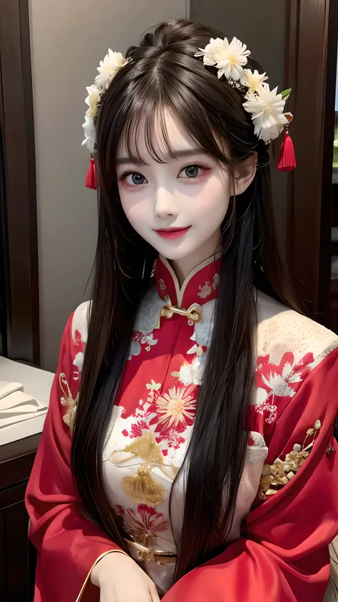 A beautiful woman wearing an elegant Chinese dress。The brightly colored dress brings out her beauty、Detailed embroidery adds elegance。Black hair flows smoothly、Matches the design of the dress。Deep eyes reflect the passion and intelligence hidden within.、Sm...