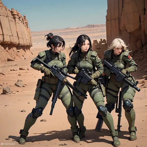 nsfw, very wide shot, anime screencap, 16k, perfect anatomy proportion body, action, A dynamic composition with a sense of speed and movement, Camouflage-colored heavy armor steam engine full armor powered suit, (A group of sexy female snipers having a gun...