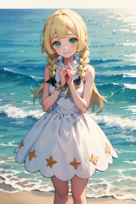 Lillie (Pokemon), beach, 1 girl, alone, Are standing, cowboy shot, looking at the viewer, green eyes, smile, V arm, Put your own hands together, twin braids, have, dress,