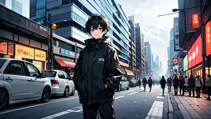 Best Quality, masterpiece, High resolution,A boy with an anxious look、Running through the town from right to left。The boy is wearing cyberpunk clothing.、My clothes are a little messy、He rushed to check the buildings and street lights.、people々Running past。T...