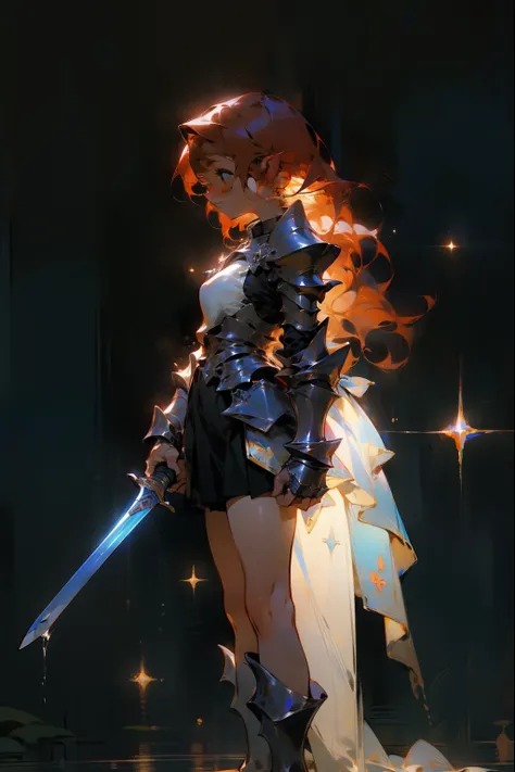 One Girl、One girl,Expressionless、Fantastic look、Fairy, Pointed Ears, masterpiece, Best Quality, High resolution,, One girl,profile、Looking to the side、 Alone, Red Hair, Brown eyes, Long Hair , Big Breasts,  Thigh-high boots,Holding the Sword、Big Sword、 arm...