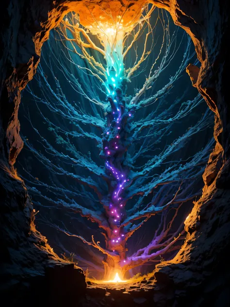 (((Masterpiece))), Best Quality, High-resolution photograph, realistic perspective, Create an abstract piece of art inspired by the quote "The wound is the place where the light enters you" by Rumi. The artwork should focus on the concept of bioluminescenc...