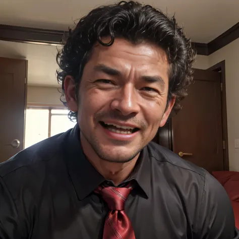 50 year old father,One Man、Black Shirt、Red tie、indoor、futon、,Muscular、Short Perm、Asian Face　Stubble　Close-up of face　Bad guy face　front　smile　Open your mouth wide and scream