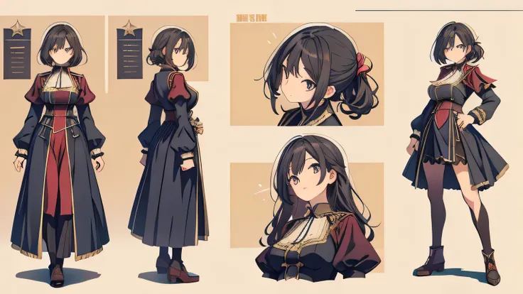 anime woman detailed victorian military dress, oversize, character design sheet, high reels, different poses, different angles