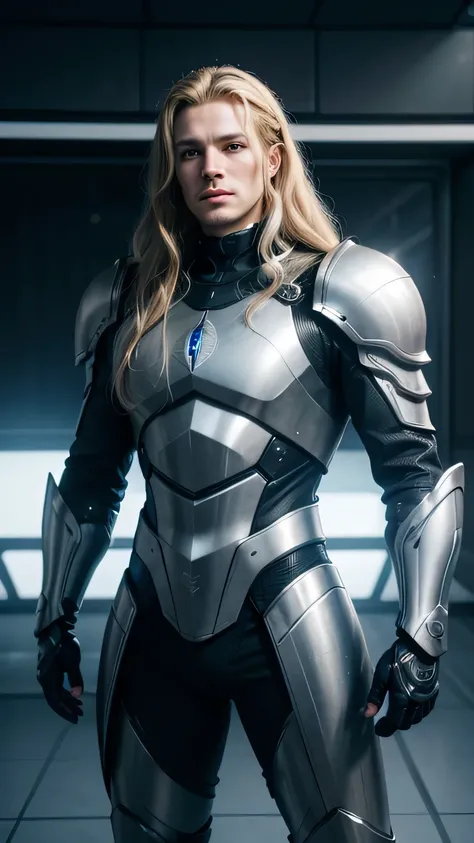 a white-skinned man with long wavy blonde hair, wearing futuristic armor, standing in a futuristic room, with blue eyes and a smile, (best quality,4k,8k,highres,masterpiece:1.2),ultra-detailed,(realistic,photorealistic,photo-realistic:1.37),intricate detai...