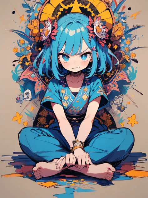 fullbody,(looking at viewer),alone,(indian style),((blue medium hair)),cute angry face,devil Gods Clothes、Gods Smile、halo、kaleidoscope、praying pose:1.3,inflammation、inflammation、anger 、Acala god,Traditional,(manga style),(sketch),(illustration),