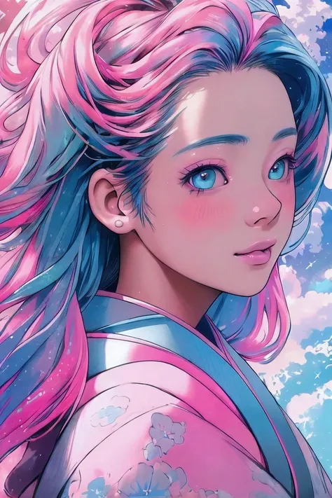 (Japanese girl:1.3), beautiful detailed eyes, beautiful detailed lips, extremely detailed eyes and face, long eyelashes, upper body, from side, looking at viewer, (rainbow color hair, colorful hair, half blue and half pink hair:1.2), water, liquid, cloud, ...