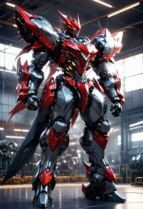 1 black mecha dragon, highly detailed, hyper realistic, red accents, cinematic lighting, photorealistic, 8k, best quality, intricate gears and machinery, powerful pose, glowing eyes, shiny metallic surfaces, dramatic shadows, depth of field, elegant design...