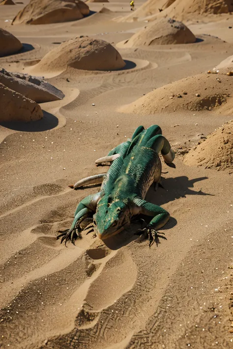 lizard playing in the sand, Flying eagle and scorpion peeking out from between the stones.