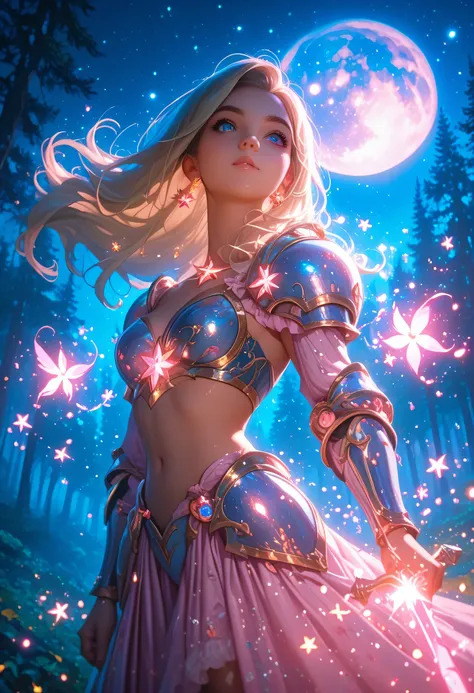 Girl Dressed in Heavy Armor with Patterns, ideal figure, Sweet Look, Beautiful Hair the Color of the Azure Sky Sparkles Like Star Dust, in armor, Держит в руке Меч Большой sparkles с Узорами, Game of Shadows, Forest Lights Background, Mysticism, magic, spa...