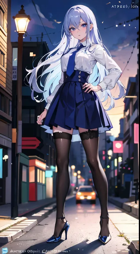 Anime girl standing on city street with long hair and blue eyes, trending in ArtStation Pixiv, purple eyes, blue tie, beautiful (detailed eyes, detailed face,) Ahegao, euladef, noble temperament, high heels, no watermark