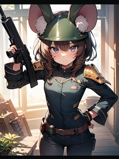 masterpiece, Best Quality, Perfect Face, Highest Resolution, Best Quality,Detailed depiction of the eyes, 8k, RimWorld, ratkin, 1 girl, young, small, Slender body, Mouse Ears, helmet, Combat Uniform, Rifles