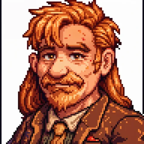 ((64bit pixel-art portrait)) of man in his mid-50s with mid, messy ginger hair. he wears an old-fashioned brown suit, his face i...