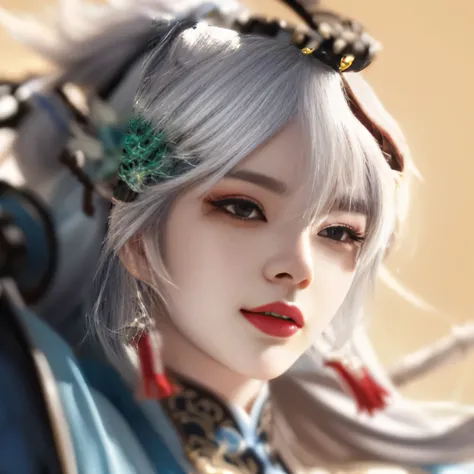 a woman with a white hair and a blue dress holding a cell phone, heise jinyao, onmyoji portrait, onmyoji, inspired by Lan Ying, onmyoji detailed art, inspired by Ju Lian, bian lian, inspired by Li Mei-shu, zhao yun, loong, inspired by Qiu Ying, sakimi chan