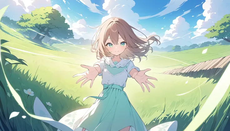 composition: Standing in the midst of a lush, green meadow swaying in the wind、A woman stretches her hands out towards the sky。She has a soft smile on her face、In the distance, blue skies and white clouds spread out.。With the grassland scenery spreading ou...