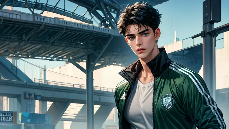 Handsome young man, black hair short hair, blue eyes, ombros largos, masterpiece, Absurd, beautiful and detailed face, with dark green long sleeve adidas jacket, daytime environment, Football field, expression of surprise