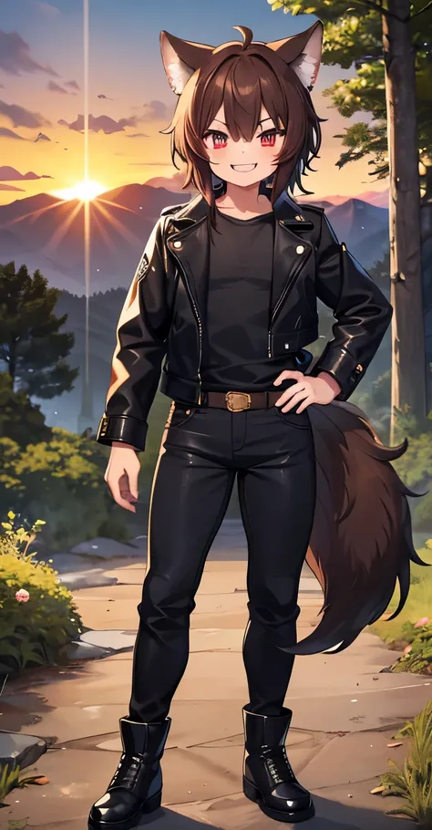 1boy, Medium length Brown Hair, Deep Red eyes, Smooth scarred Wolf-Ears, Large Fluffy Tail, large scar across Left Eye, mildly muscular. wearing a Worn Leather Jacket, a Black Shirt, Worn Navyblue Jeans, and Black Boots. Standing in a forest, grinning, fan...