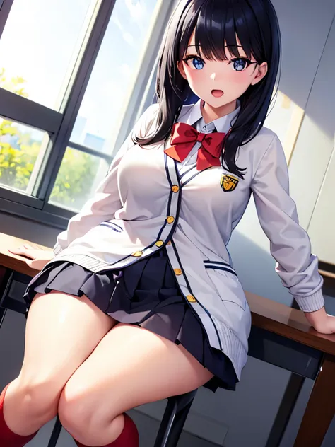 (16k,Ultra-high resolution,Best Quality,masterpiece,Very detailed,Extremely clear CG),Rikka Takarada, black hair, blue eyes, long hair,black footwear, black skirt, bow, bowtie, buttons, Cardigan, collared shirt, long sleeves, microskirt, pleated skirt, red...