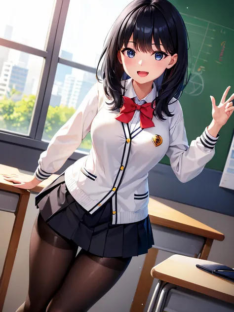 (16k,Ultra-high resolution,Best Quality,masterpiece,Very detailed,Extremely clear CG),Rikka Takarada, black hair, blue eyes, long hair,black footwear, black skirt, bow, bowtie, buttons, Cardigan, collared shirt, long sleeves, microskirt, pleated skirt, red...