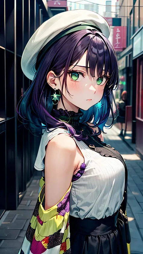 An anime-style girl with short deep purple hair and bright green eyes without highlights, wearing a colorful and trendy outfit with bold patterns. She accessorizes with large earrings and a stylish hat. She is standing still in a bustling city street, show...