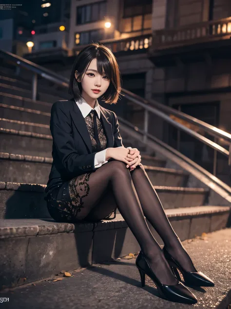 [8K RAW Photos、High resolution、One Daughter、Layered Hair、Formal Shirt、Formal Skirt、smile、Long eyelashes、Beautiful double eyelids、Eyeshadow、(super Realistic pantyhose:1.3)、short hair、Night in front of the station、Stairs at night、Squat、Please sit down、Luxury...