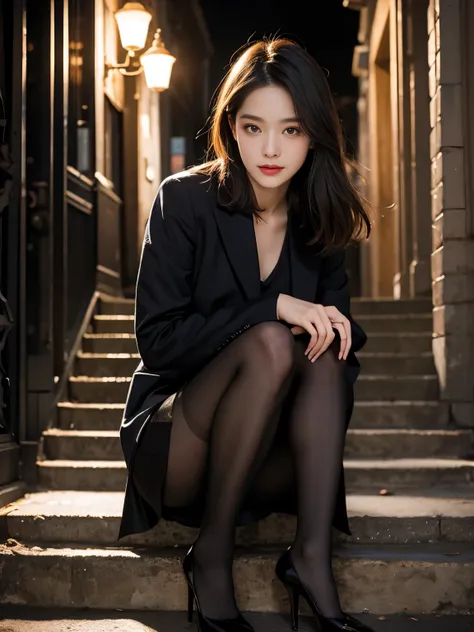 [8K RAW Photos、High resolution、One Daughter、Layered Hair、Formal Shirt、Formal Skirt、smile、Long eyelashes、Beautiful double eyelids、Eyeshadow、(super Realistic pantyhose:1.3)、short hair、Night in front of the station、Stairs at night、Squat、Please sit down、Luxury...