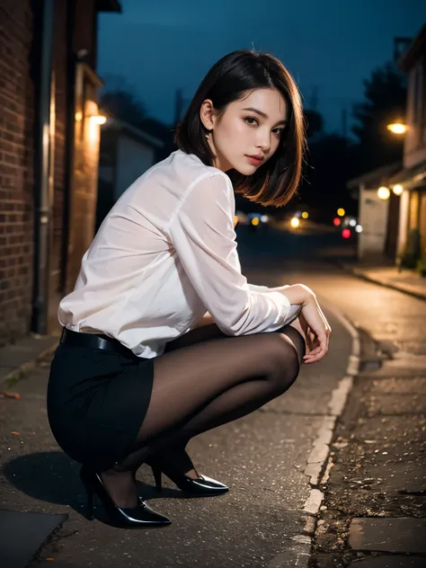 [8K RAW Photos、High resolution、One Daughter、Layered Hair、Formal Shirt、Formal Skirt、smile、Long eyelashes、Beautiful double eyelids、Eyeshadow、(super Realistic pantyhose:1.3)、short hair、Night in front of the station、Stairs at night、Squat、Please sit down、Luxury...