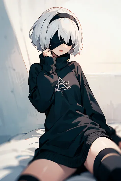 2b_na, white hair, black blindfold, black hairband, with a white sweatshirt, with long black socks