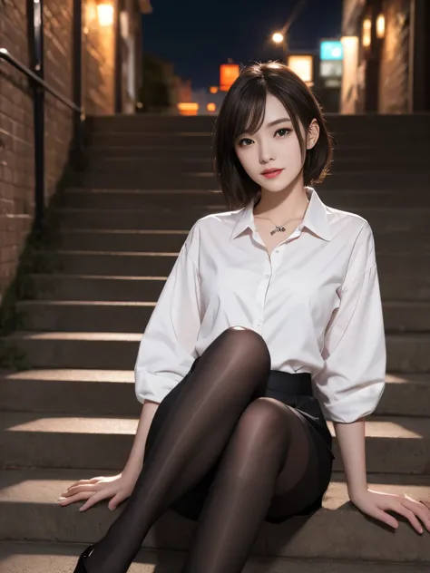 [8K RAW Photos、High resolution、One Daughter、Layered Hair、Formal Shirt、Formal Skirt、smile、Long eyelashes、Beautiful double eyelids、Eyeshadow、(super Realistic pantyhose:1.3)、short hair、Night in front of the station、Stairs at night、Squat、Please sit down、Luxury...