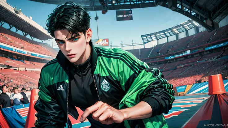 Handsome young man, black hair short hair, blue eyes, ombros largos, masterpiece, Absurd, beautiful and detailed face, with dark green long sleeve adidas jacket, daytime environment, Football field