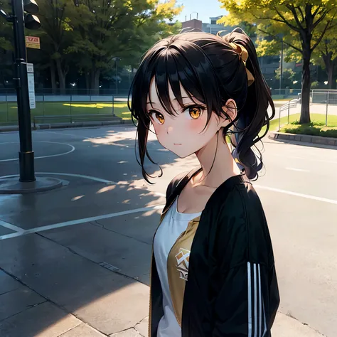 An anime-style girl with wavy reddish-black hair tied in a ponytail and honey-gold eyes without highlights, wearing casual sporty clothes like a denim jacket and sneakers. She stands alone in a sunny park, showing a dark, distant expression. High detail, b...