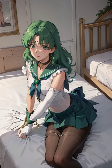 (Please redeem:1.2),  Alone, One Woman, Sailor Neptune, Mature Woman, Small breasts, Aqua Eye, Green Hair, Medium Hair、(:1.1), Embarrassing, View your audience, Sailor Warrior Uniforms, Chest ribbon, Buck Bow, Begging Skirt, White elbow gloves, Sailor coll...