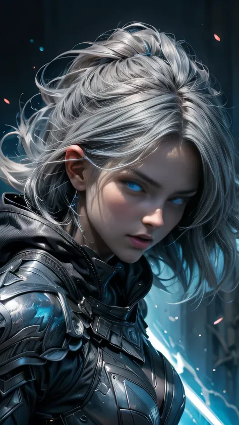 Grey hair, Woman, hooded armor, dark armor, glowing blue eyes, aqua eyes, from below, Action painting, bloom, glowing light, drop shadow, 8k, super detail, UHD, high details, anatomically correct, dynamic pose