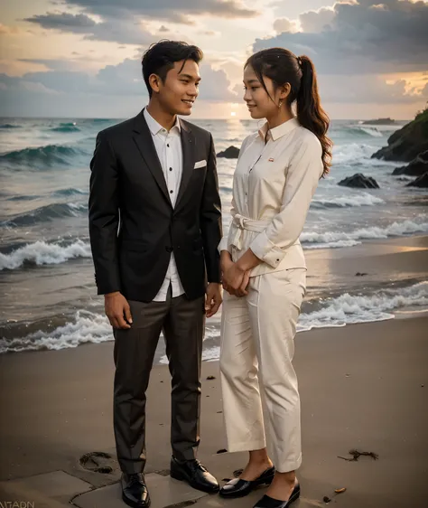 Modern photo of a 20 year old Indonesian man standing next to a 20 year old Indonesian woman, both facing forward and looking into the camera.、Man in tuxedo、She was wearing a brown formal batik outfit. , black pants and matching black formal shoes、with a r...