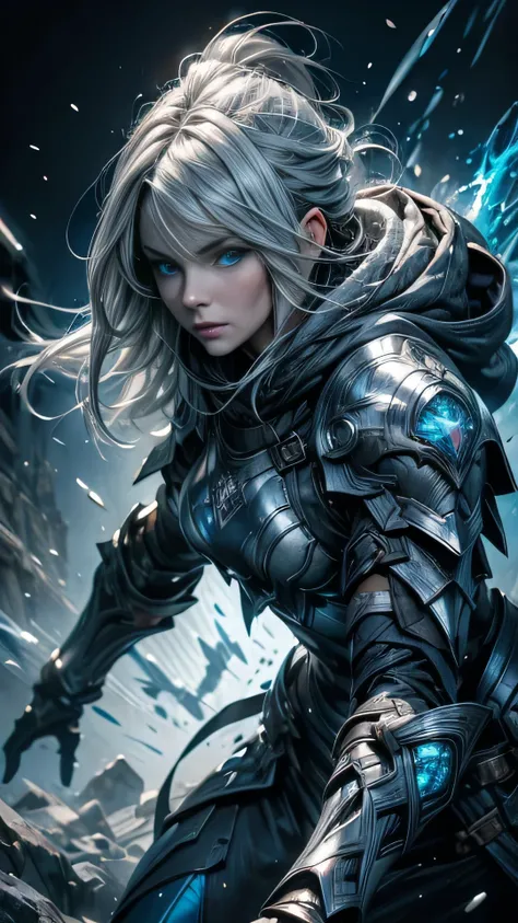 Grey hair, Woman, hooded armor, dark armor, glowing blue eyes, aqua eyes, from top, Action painting, bloom, glowing light, drop shadow, 8k, super detail, UHD, high details, anatomically correct, dynamic pose