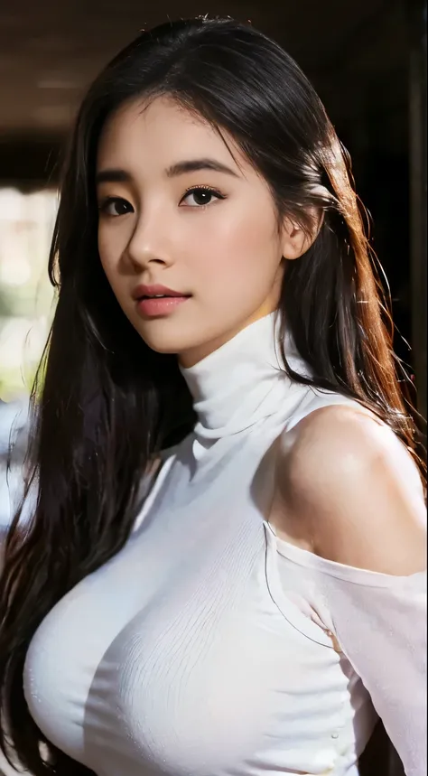 (Very detailed, Underground Parking Lot, beautiful, a little fat, full, big breasts, big breasts, M cup, Sexy, Black turtleneck dress, delicate face, Large aperture, Character close-up),full-body shot