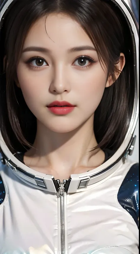 1 brown hair beauty, (white) (one-piece latex tights), (space suit) ((space helmet))((white gloves), {{illustration}}, {ultimate...