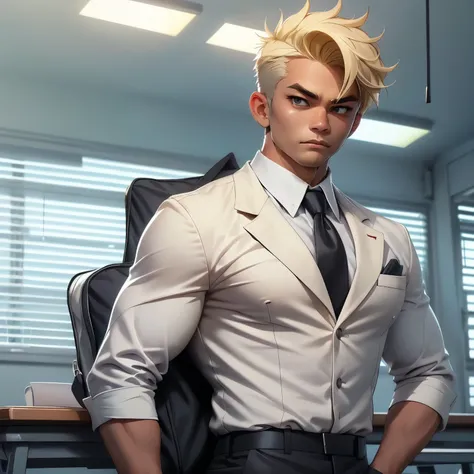 
Male, Full body, Student, Kirihara Takuto | Very Short blond hair | Japanese school uniform, dark pants, white shirt, gray blazer, black tie | Arrogant and confident expression, with imposing posture reflecting superiority and power | Holds a small paperb...