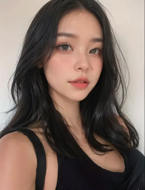 A close up of a woman with long black hair and a black tank top, Portrait of Sophie Mudd, perfect face ), 18 years, Violet Myers, 2 female model, beautiful attractive face, Cara sexy, Instagram Template, extremely beautiful face, russian bride, bella poar...